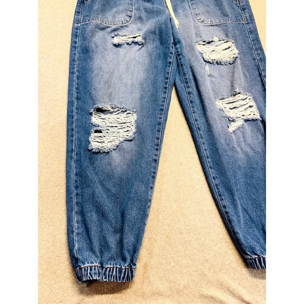 Celebrity Pink Womens 1X Distressed Denim Jogger Jeans Elastic Waist Drawstring